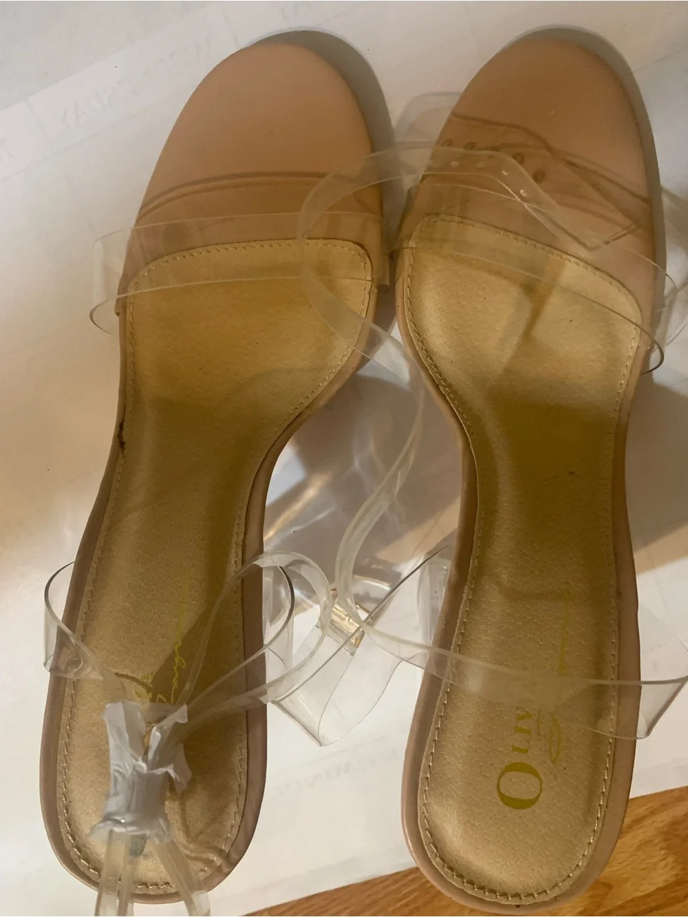 North by Olivia Jaymes nude ankle strap chunky block lucite heel sandals.